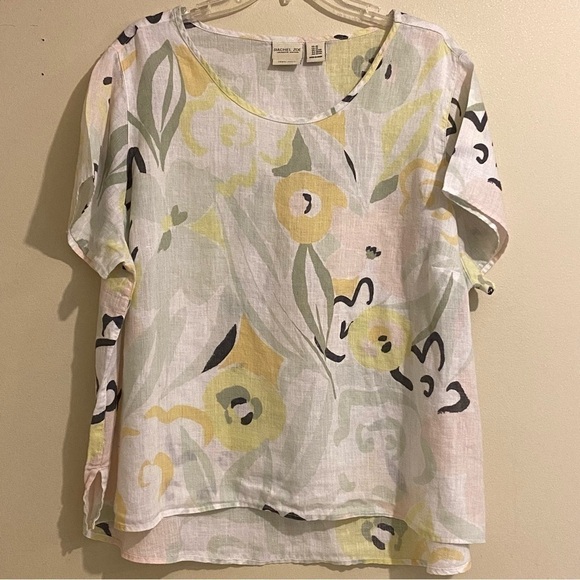 100% Linen Rachel Zoe Shirt Multicolor Size 2X Cap Sleeves Round Neck Pullover - Picture 1 of 8